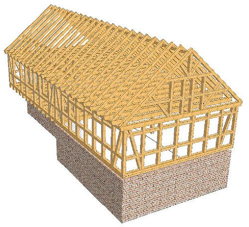 Holzfachwerk mit Zapfenverbindung, Stirnvers�tzen, Holzbalkendecke mit profilierter Kante, Deckenbalken mit geschwungenem Kopf